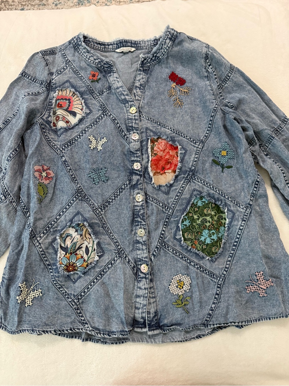 John Mark Patched Print and Embroidered Button-Front Tunic Size Medium D98